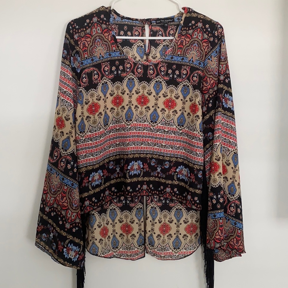 See You Monday Women’s Boho Festival Top with Fringed Bell Sleeves Size L